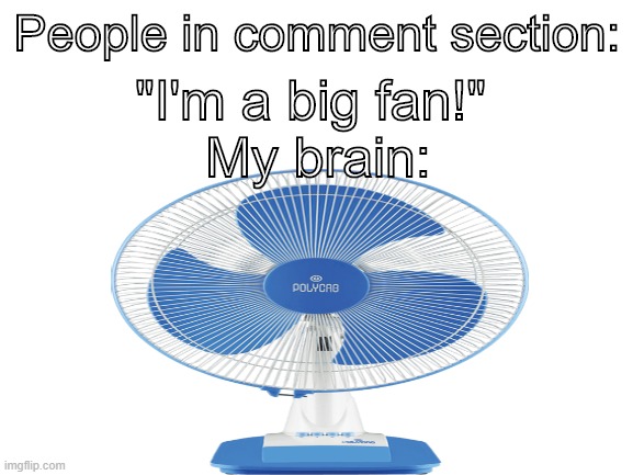 tfw ur a big fan | People in comment section:; "I'm a big fan!"
 My brain: | image tagged in dumb,fan,youtube,comments | made w/ Imgflip meme maker