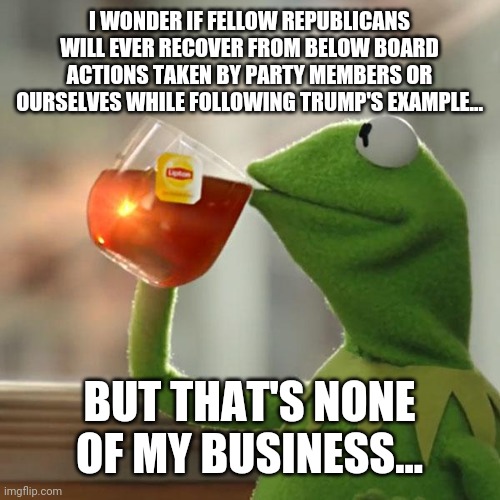 We used to be good examples. | I WONDER IF FELLOW REPUBLICANS WILL EVER RECOVER FROM BELOW BOARD ACTIONS TAKEN BY PARTY MEMBERS OR OURSELVES WHILE FOLLOWING TRUMP'S EXAMPLE... BUT THAT'S NONE OF MY BUSINESS... | image tagged in memes,but that's none of my business,kermit the frog | made w/ Imgflip meme maker