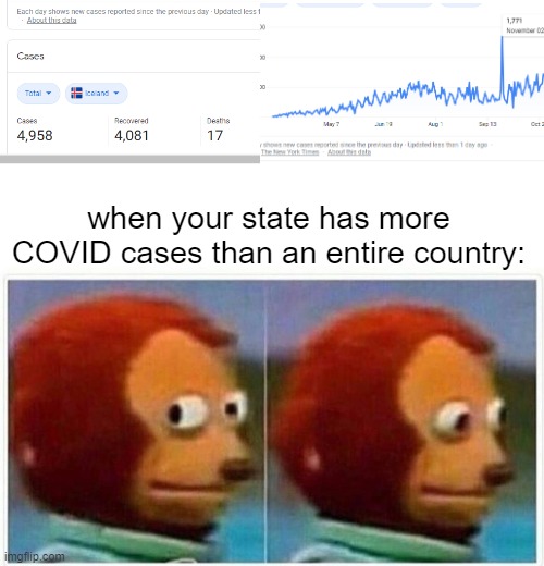 What I'm feeling currently- | when your state has more COVID cases than an entire country: | image tagged in memes,monkey puppet | made w/ Imgflip meme maker