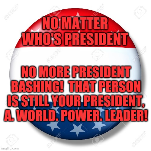 Blank for president | NO MATTER WHO'S PRESIDENT; NO MORE PRESIDENT BASHING!  THAT PERSON IS STILL YOUR PRESIDENT, A. WORLD. POWER. LEADER! | image tagged in blank for president | made w/ Imgflip meme maker