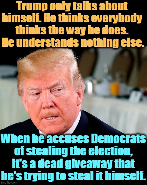 For four years, he's been trying to steal this election. He even got impeached for trying too hard to steal this election. | Trump only talks about 
himself. He thinks everybody 
thinks the way he does. 
He understands nothing else. When he accuses Democrats of stealing the election, it's a dead giveaway that he's trying to steal it himself. | image tagged in trump lip curl as his world goes to shit,trump,criminal,crook,thief | made w/ Imgflip meme maker