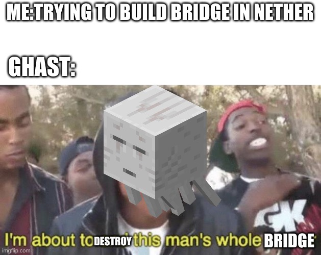 I’m about to end this man’s whole career | ME:TRYING TO BUILD BRIDGE IN NETHER; GHAST:; BRIDGE; DESTROY | image tagged in i m about to end this man s whole career | made w/ Imgflip meme maker