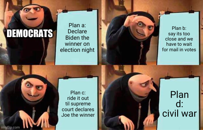Plan D | Plan a: Declare Biden the winner on election night; Plan b: say its too close and we have to wait for mail in votes; DEMOCRATS; Plan c: ride it out til supreme court declares Joe the winner; Plan d: civil war | image tagged in memes,gru's plan,election 2020,trump,biden | made w/ Imgflip meme maker