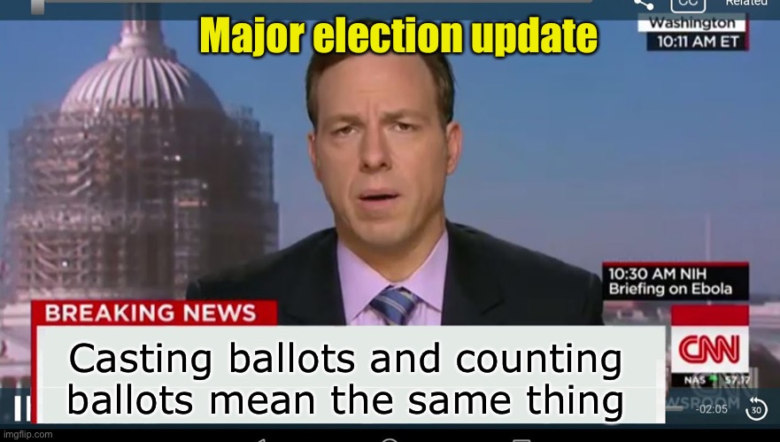 When reporters spin another Trump tweet. | Major election update; Casting ballots and counting ballots mean the same thing | image tagged in cnn breaking news template | made w/ Imgflip meme maker