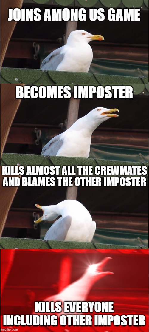 Inhaling Seagull | JOINS AMONG US GAME; BECOMES IMPOSTER; KILLS ALMOST ALL THE CREWMATES AND BLAMES THE OTHER IMPOSTER; KILLS EVERYONE INCLUDING OTHER IMPOSTER | image tagged in memes,inhaling seagull | made w/ Imgflip meme maker