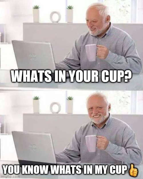 Hide the Pain Harold | WHATS IN YOUR CUP? YOU KNOW WHATS IN MY CUP👍 | image tagged in memes,hide the pain harold | made w/ Imgflip meme maker