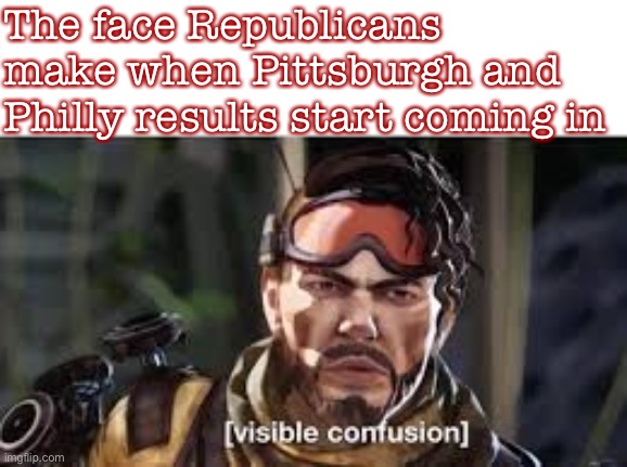 Confused Republican mirage | The face Republicans make when Pittsburgh and Philly results start coming in | image tagged in confused mirage | made w/ Imgflip meme maker