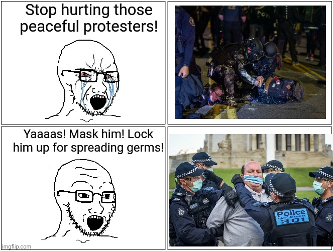 The only acceptable form of police brutality according to the left | Stop hurting those peaceful protesters! Yaaaas! Mask him! Lock him up for spreading germs! | image tagged in memes,blank comic panel 2x2,covid-19,masks,police state,liberal hypocrisy | made w/ Imgflip meme maker