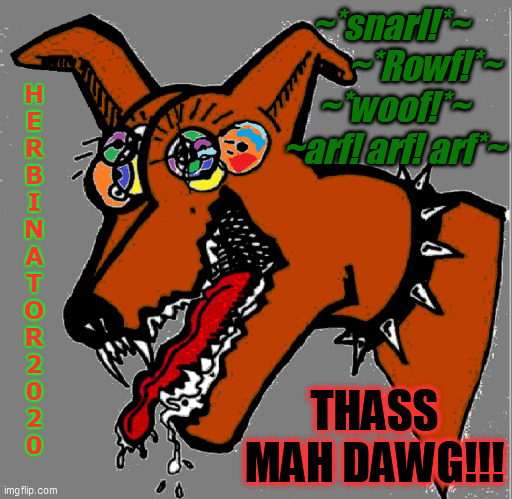 thass. mah. dawg. | ~*snarl!*~           ~*Rowf!*~
~*woof!*~
~arf! arf! arf*~; H
E
R
B
I
N
A
T
O
R

2
0
2
0; THASS MAH DAWG!!! | image tagged in herbinator,chomping,snarling,growling,prowling,2020 | made w/ Imgflip meme maker