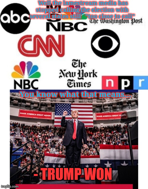 It's all over but the crying | Well the lamestream media has stopped calling the election with several states still   "too close to call"; You know what that means... - TRUMP WON | image tagged in winning,donald trump,winner | made w/ Imgflip meme maker