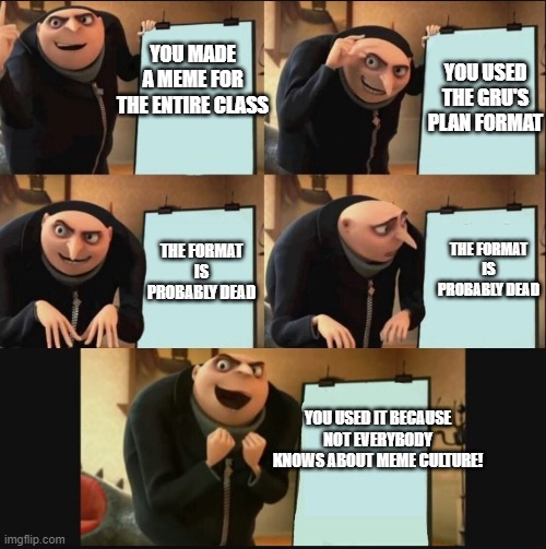 A meme for the entire class |  YOU MADE A MEME FOR THE ENTIRE CLASS; YOU USED THE GRU'S PLAN FORMAT; THE FORMAT IS PROBABLY DEAD; THE FORMAT IS PROBABLY DEAD; YOU USED IT BECAUSE NOT EVERYBODY KNOWS ABOUT MEME CULTURE! | image tagged in 5 panel gru meme,memes,repost | made w/ Imgflip meme maker
