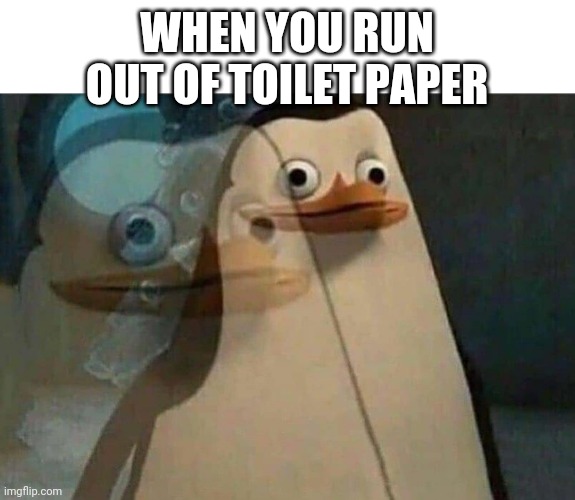 The result of hoarding | WHEN YOU RUN OUT OF TOILET PAPER | image tagged in the penguins of madagascar | made w/ Imgflip meme maker