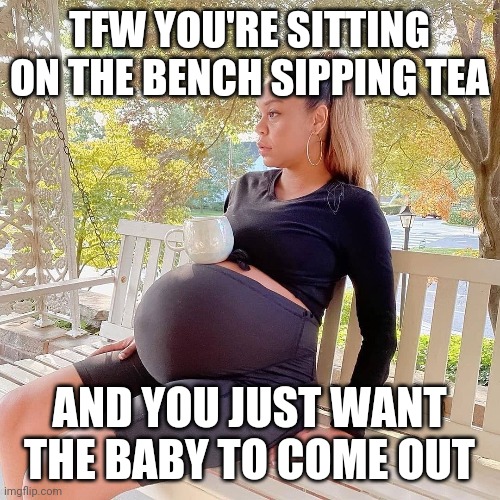 TFW YOU'RE SITTING ON THE BENCH SIPPING TEA; AND YOU JUST WANT THE BABY TO COME OUT | image tagged in pregnant,tea,bench | made w/ Imgflip meme maker