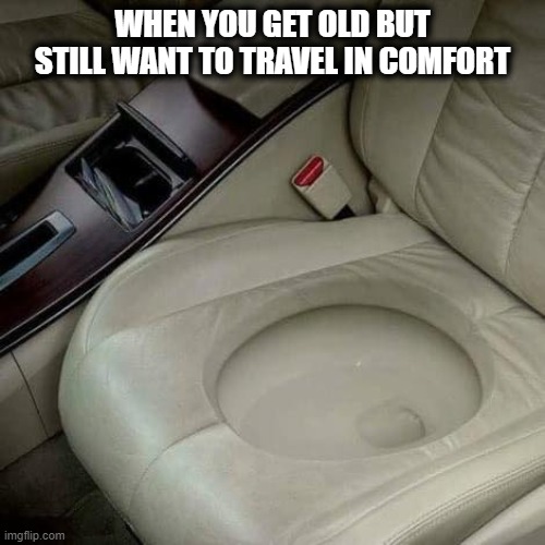 Rest stops? We don't need no steekin' rest stops! | WHEN YOU GET OLD BUT STILL WANT TO TRAVEL IN COMFORT | image tagged in car seat,port-a-potty | made w/ Imgflip meme maker