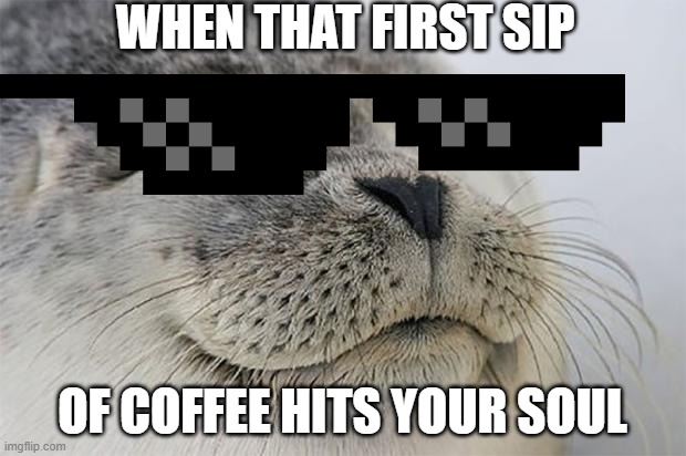 Satisfied Seal | WHEN THAT FIRST SIP; OF COFFEE HITS YOUR SOUL | image tagged in memes,satisfied seal | made w/ Imgflip meme maker