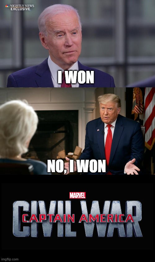 USA 2020 Elections in a nutshell | I WON; NO, I WON | image tagged in usa,2020,in a nutshell,biden,trump,civil war | made w/ Imgflip meme maker