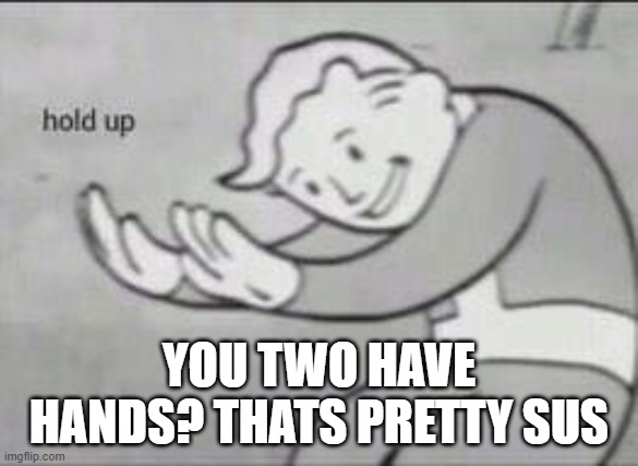 Fallout Hold Up | YOU TWO HAVE HANDS? THATS PRETTY SUS | image tagged in fallout hold up | made w/ Imgflip meme maker