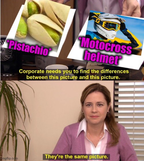 -Guessing, completely gone. |  *Pistachio*; *Motocross helmet* | image tagged in memes,they're the same picture,gf,thanks obama,ideas,understandable have a great day | made w/ Imgflip meme maker