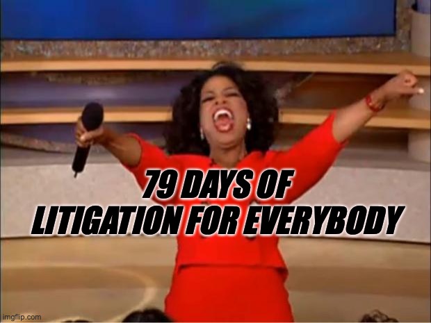 Oprah You Get A | 79 DAYS OF LITIGATION FOR EVERYBODY | image tagged in memes,oprah you get a | made w/ Imgflip meme maker