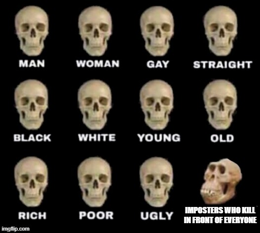 idiot skull | IMPOSTERS WHO KILL IN FRONT OF EVERYONE | image tagged in idiot skull | made w/ Imgflip meme maker