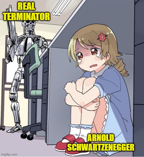 What would really happen | REAL TERMINATOR; ARNOLD SCHWARTZENEGGER | image tagged in anime girl hiding from terminator,terminator,arnold schwarzenegger | made w/ Imgflip meme maker