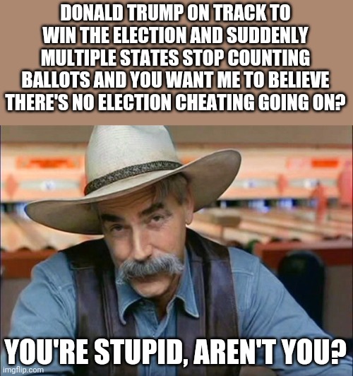 Sam Elliott special kind of stupid | DONALD TRUMP ON TRACK TO WIN THE ELECTION AND SUDDENLY MULTIPLE STATES STOP COUNTING BALLOTS AND YOU WANT ME TO BELIEVE THERE'S NO ELECTION CHEATING GOING ON? YOU'RE STUPID, AREN'T YOU? | image tagged in sam elliott special kind of stupid | made w/ Imgflip meme maker
