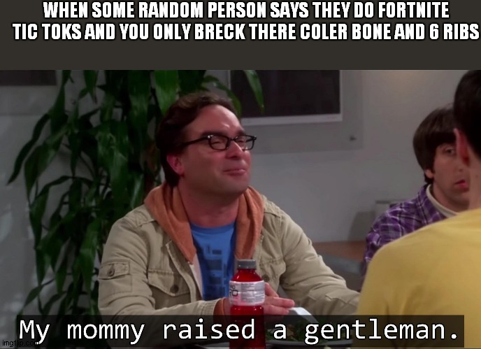 My mommy raised a gentleman | WHEN SOME RANDOM PERSON SAYS THEY DO FORTNITE TIC TOKS AND YOU ONLY BRECK THERE COLER BONE AND 6 RIBS | image tagged in my mommy raised a gentleman | made w/ Imgflip meme maker