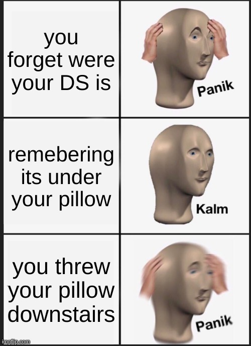 2008 be like | you forget were your DS is; remebering its under your pillow; you threw your pillow downstairs | image tagged in memes,panik kalm panik | made w/ Imgflip meme maker
