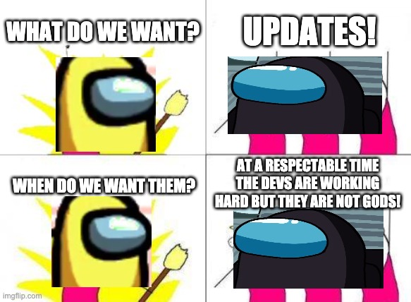 What Do We Want Meme | WHAT DO WE WANT? UPDATES! AT A RESPECTABLE TIME THE DEVS ARE WORKING HARD BUT THEY ARE NOT GODS! WHEN DO WE WANT THEM? | image tagged in memes,what do we want | made w/ Imgflip meme maker