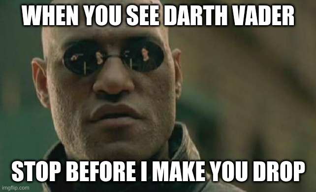 when you see darth vader | WHEN YOU SEE DARTH VADER; STOP BEFORE I MAKE YOU DROP | image tagged in memes,matrix morpheus | made w/ Imgflip meme maker