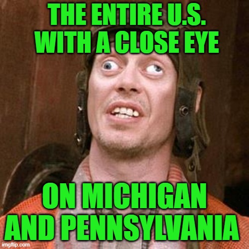 Watching the Votes Come In | THE ENTIRE U.S. WITH A CLOSE EYE; ON MICHIGAN AND PENNSYLVANIA | image tagged in cross eyed,voting,election 2020,electoral college,politics,political meme | made w/ Imgflip meme maker