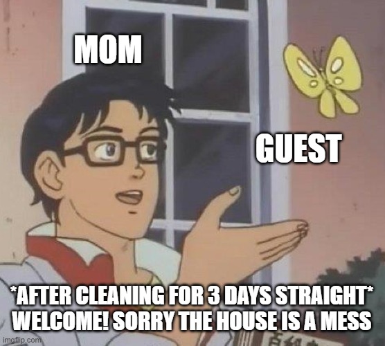 Is This A Pigeon | MOM; GUEST; *AFTER CLEANING FOR 3 DAYS STRAIGHT*
WELCOME! SORRY THE HOUSE IS A MESS | image tagged in memes,is this a pigeon | made w/ Imgflip meme maker