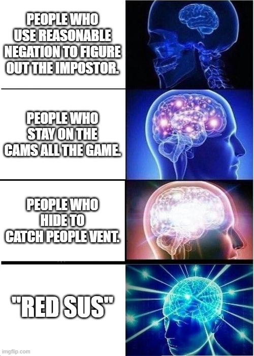 Expanding Brain | PEOPLE WHO USE REASONABLE NEGATION TO FIGURE OUT THE IMPOSTOR. PEOPLE WHO STAY ON THE CAMS ALL THE GAME. PEOPLE WHO HIDE TO CATCH PEOPLE VENT. "RED SUS" | image tagged in memes,expanding brain | made w/ Imgflip meme maker