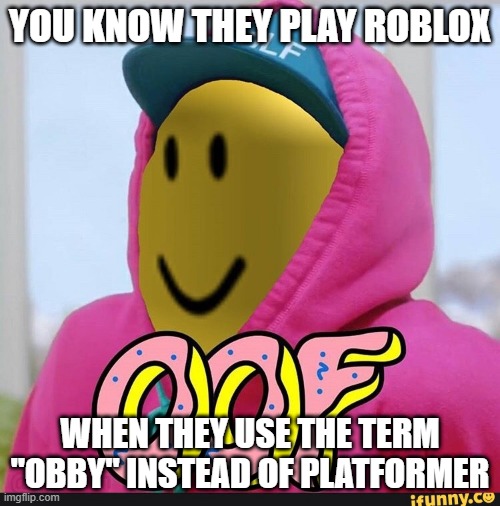 roblox | YOU KNOW THEY PLAY ROBLOX; WHEN THEY USE THE TERM "OBBY" INSTEAD OF PLATFORMER | image tagged in roblox oof | made w/ Imgflip meme maker