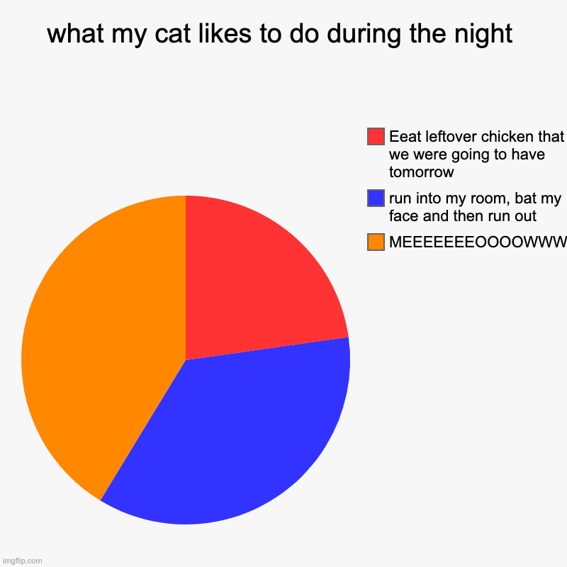my damn cat 3 | what my cat likes to do during the night | MEEEEEEEOOOOWWWOWWWWW, run into my room, bat my face and then run out, Eeat leftover chicken that | image tagged in charts,pie charts | made w/ Imgflip chart maker