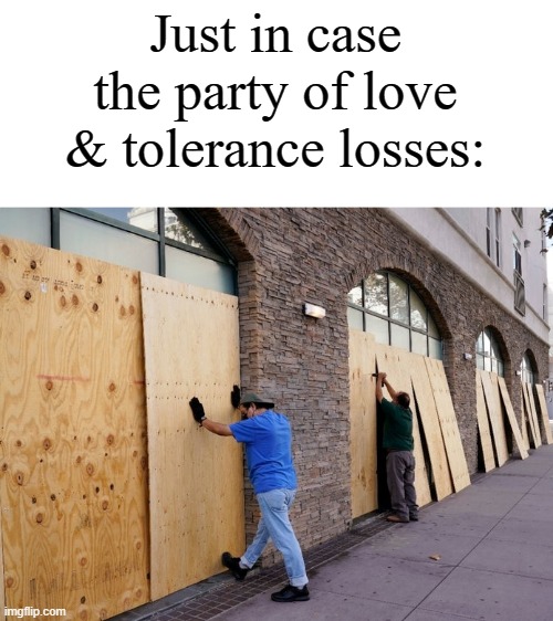Boarded up windows | Just in case the party of love & tolerance losses: | image tagged in boarded up windows | made w/ Imgflip meme maker