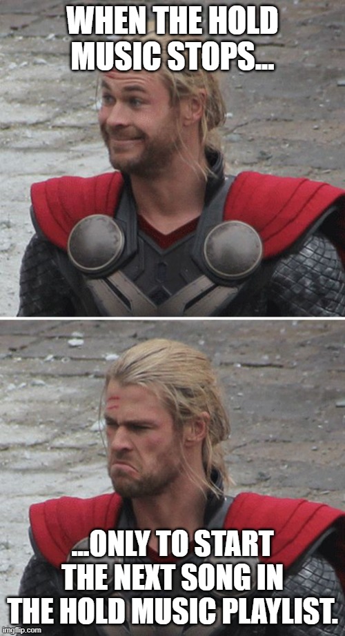 Thor happy then sad | WHEN THE HOLD MUSIC STOPS... ...ONLY TO START THE NEXT SONG IN THE HOLD MUSIC PLAYLIST. | image tagged in thor happy then sad | made w/ Imgflip meme maker