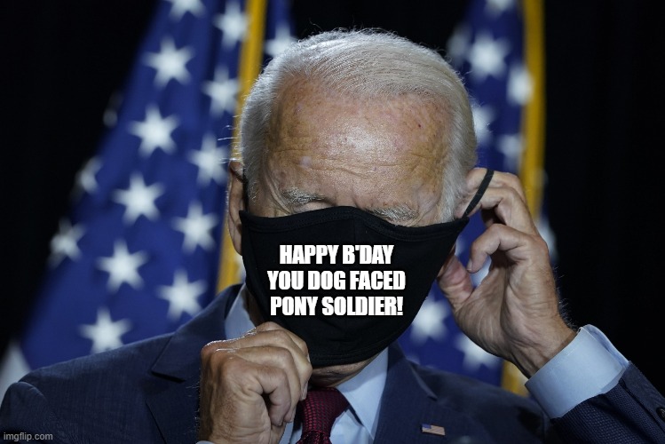 Joe Biden Happy Birthday Card | HAPPY B'DAY YOU DOG FACED PONY SOLDIER! | image tagged in biden mask,dog faced pony soldier,kamala harris,happy birthday,masks | made w/ Imgflip meme maker