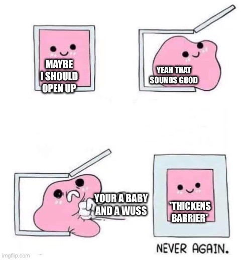 Never again | YEAH THAT SOUNDS GOOD; MAYBE I SHOULD OPEN UP; YOUR A BABY AND A WUSS; *THICKENS BARRIER* | image tagged in never again | made w/ Imgflip meme maker