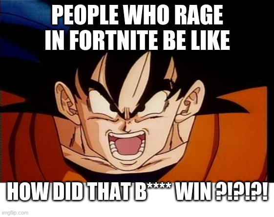 Crosseyed Goku | PEOPLE WHO RAGE IN FORTNITE BE LIKE; HOW DID THAT B**** WIN ?!?!?! | image tagged in memes,crosseyed goku | made w/ Imgflip meme maker