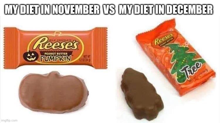 Technically October thru January | MY DIET IN NOVEMBER  VS  MY DIET IN DECEMBER | image tagged in reeses,halloween,christmas,peanut butter,candy,memes | made w/ Imgflip meme maker
