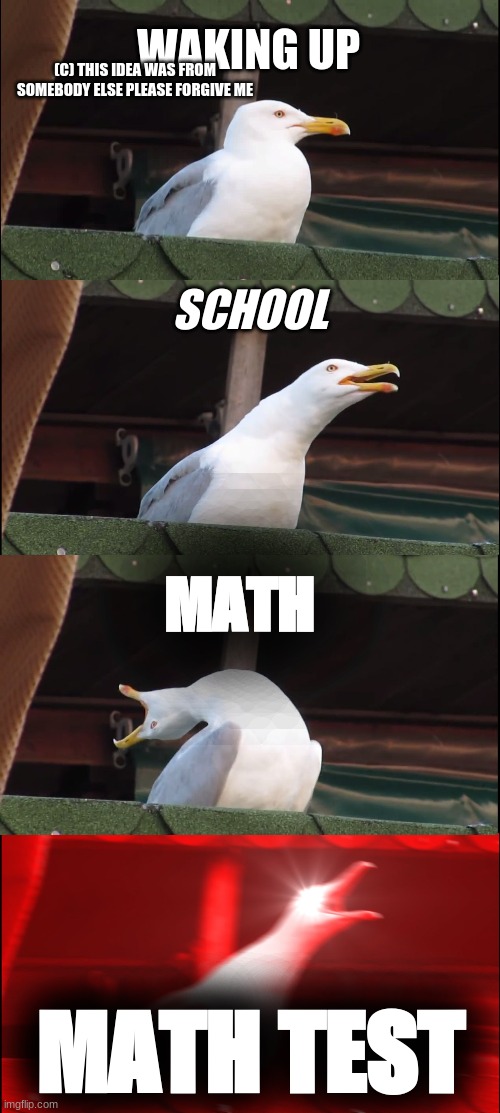 Inhaling Seagull | WAKING UP; (C) THIS IDEA WAS FROM SOMEBODY ELSE PLEASE FORGIVE ME; SCHOOL; MATH; MATH TEST | image tagged in memes,inhaling seagull | made w/ Imgflip meme maker