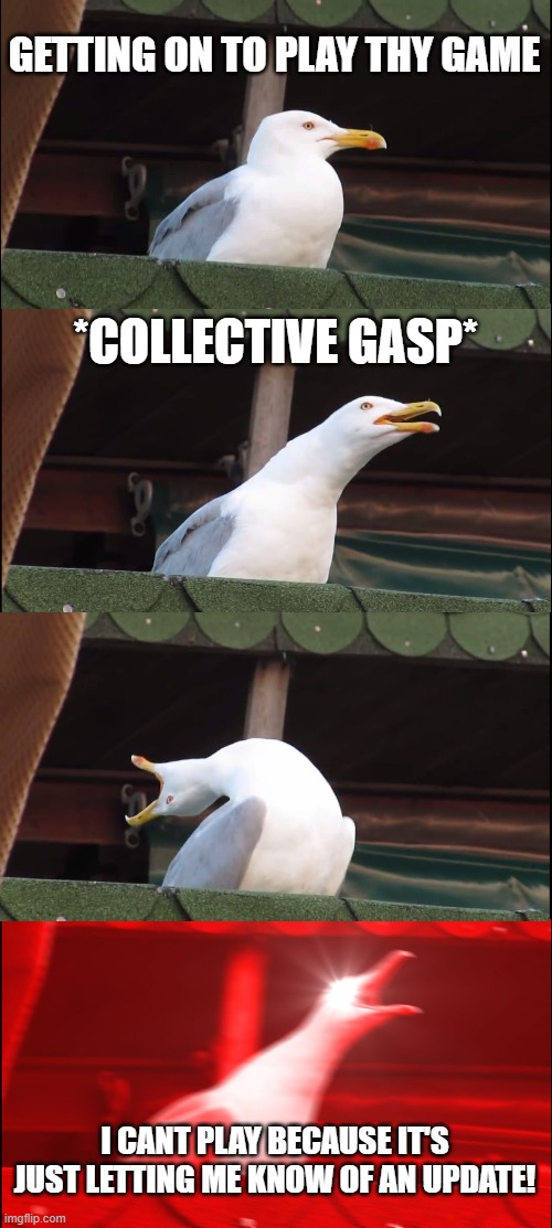 I cant play thy game | GETTING ON TO PLAY THY GAME; *COLLECTIVE GASP*; I CANT PLAY BECAUSE IT'S JUST LETTING ME KNOW OF AN UPDATE! | image tagged in memes,inhaling seagull | made w/ Imgflip meme maker