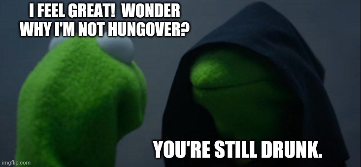 When I wake up feeling fine after a night of hard partying... | I FEEL GREAT!  WONDER WHY I'M NOT HUNGOVER? YOU'RE STILL DRUNK. | image tagged in memes,evil kermit | made w/ Imgflip meme maker