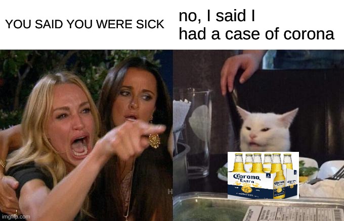 Woman Yelling At Cat | YOU SAID YOU WERE SICK; no, I said I had a case of corona | image tagged in memes,woman yelling at cat | made w/ Imgflip meme maker