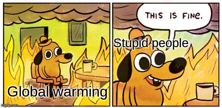 All of the evidence shows that global warming is real | Stupid people; Global warming | image tagged in memes,this is fine,global warming,boomers,okay boomer,stupid people | made w/ Imgflip meme maker