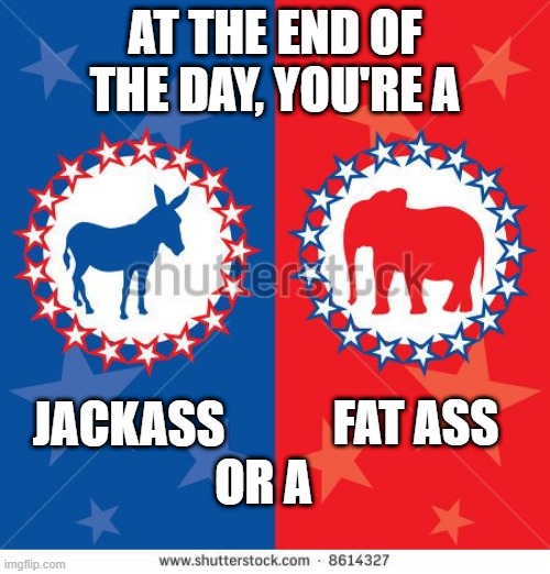 Polotics Suck! | AT THE END OF THE DAY, YOU'RE A; JACKASS; FAT ASS; OR A | image tagged in re-defined political parties,democrat,republican,independent,politics | made w/ Imgflip meme maker