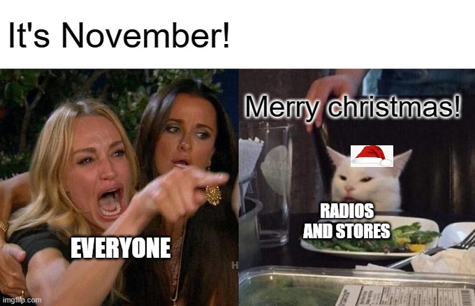 Woman Yelling At Cat | It's November! Merry christmas! RADIOS AND STORES; EVERYONE | image tagged in memes,woman yelling at cat | made w/ Imgflip meme maker