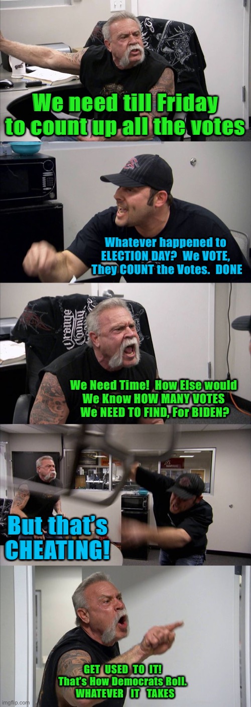 American Chopper Argument | We need till Friday to count up all the votes; Whatever happened to 
ELECTION DAY?  We VOTE, 
They COUNT the Votes.  DONE; We Need Time!  How Else would

We Know HOW MANY VOTES
 We NEED TO FIND, For BIDEN? But that’s CHEATING! GET  USED  TO  IT!  
That’s How Democrats Roll.  
WHATEVER   IT   TAKES | image tagged in memes,american chopper argument | made w/ Imgflip meme maker
