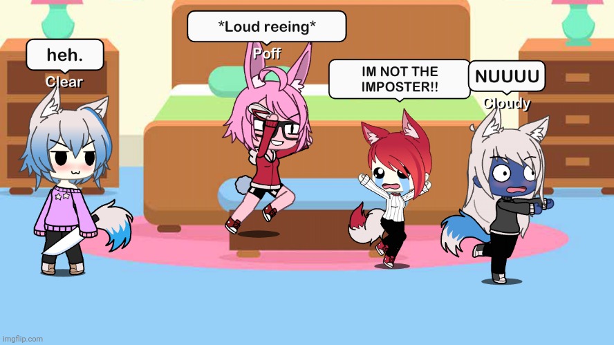 I saw Clear Vent She sus! | image tagged in clear fox,cloudy fox,lit fox,poff bunny,sus,among us | made w/ Imgflip meme maker